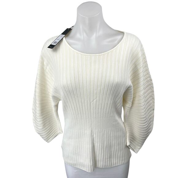 NEW BCBGMAXAZRIA Women's Cream Ribbed Knit Long Balloon Sleeve Sweater Top Sz L - Picture 1 of 4
